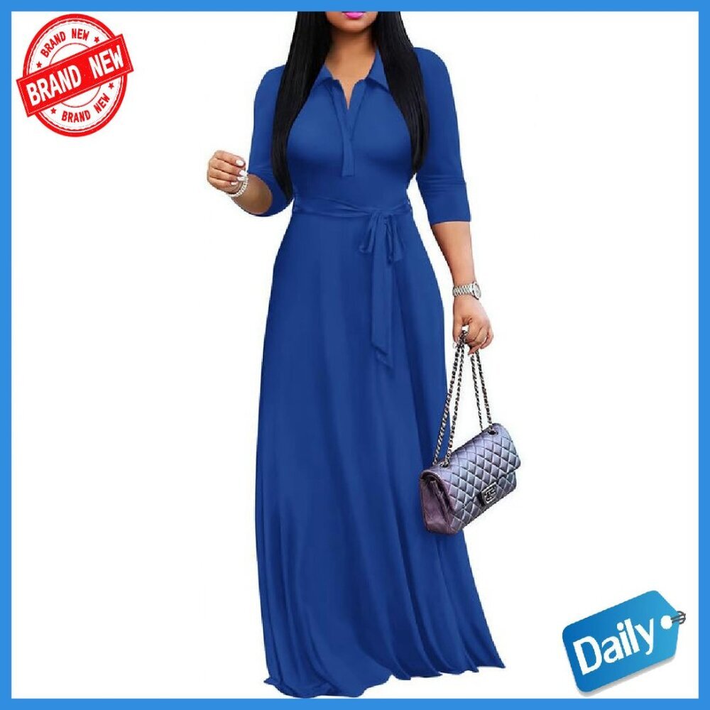 Women's Maxi Dress V-Neck 3/4 Sleeve Formal Church Dress with Pockets